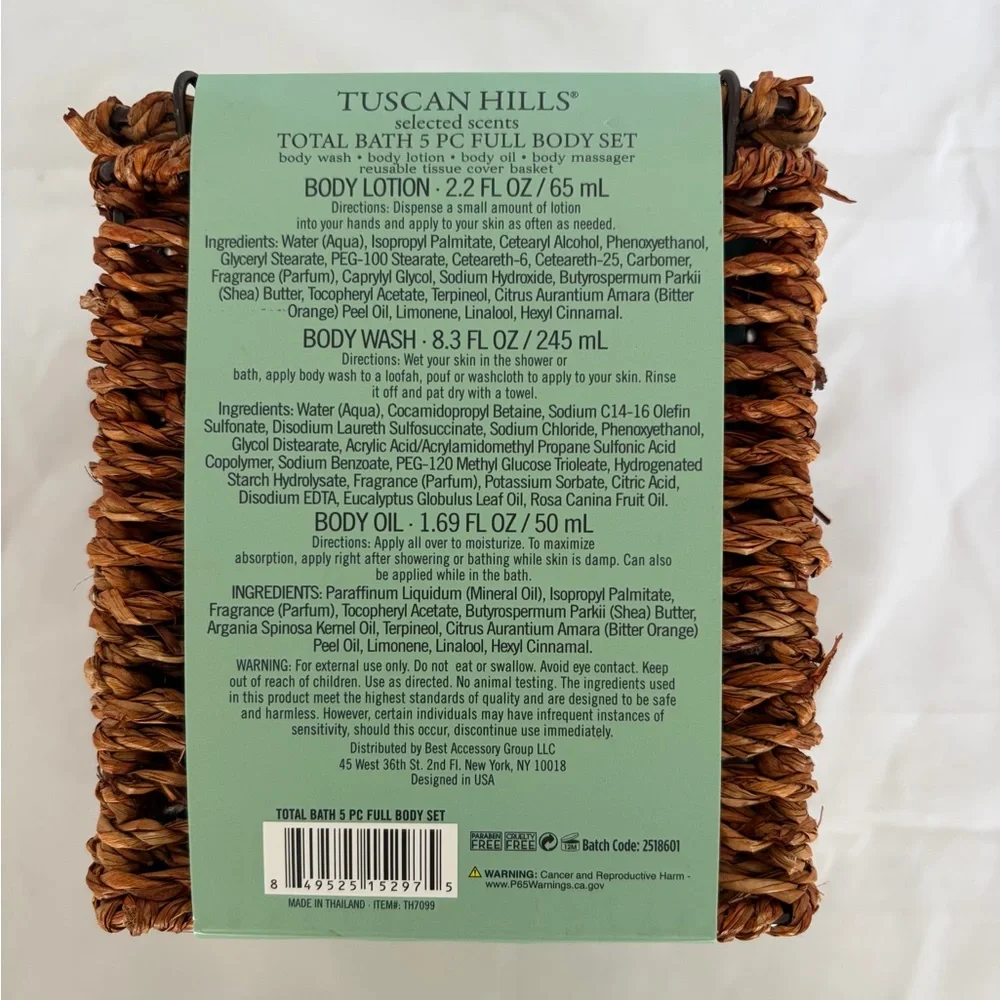 Tuscan Hills Body Care Wicker Basket 5Pc Eucalyptus & Rosehip - Lotion Wash Oil